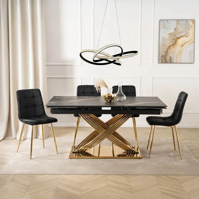 Zestaw Stół Rozkładany IBIZA 160-240 cm Czarny Marmur/Złoty i 4 Krzesła Tapicerowane YORK Czarne Glamour