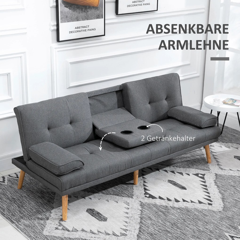 HOMCOM Sofa 3osobowa Rozkładana z Stołem Len Imitacja 181x77x78cm Ciemnoszara | Aosom PL