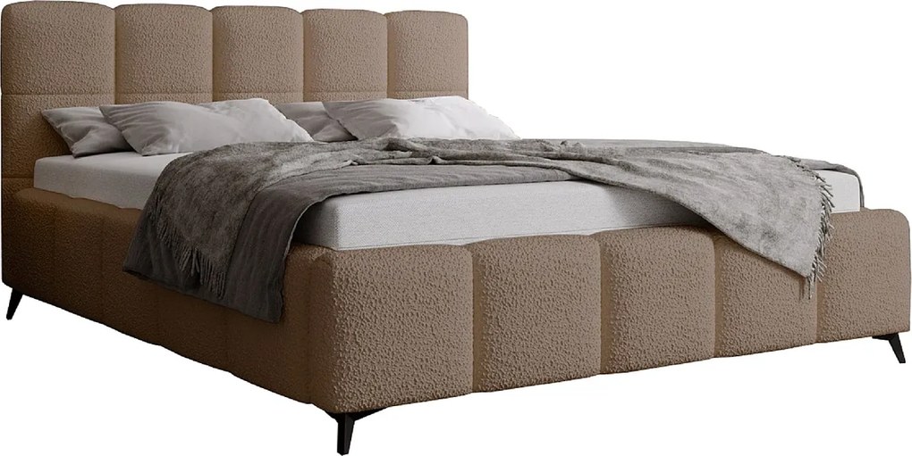 Łóżko dwuosobowe 200x200 Kastilo z pojemnikiem, tkanina bouclé, stelaż drewniany - beżowe