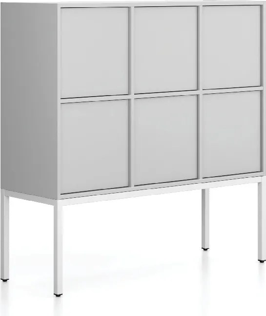 Szafa biurowa FRAME, niska, podstawa biała, 6x drzwi, 1299 x 450 x 1331 mm, PUSH-lock, szary