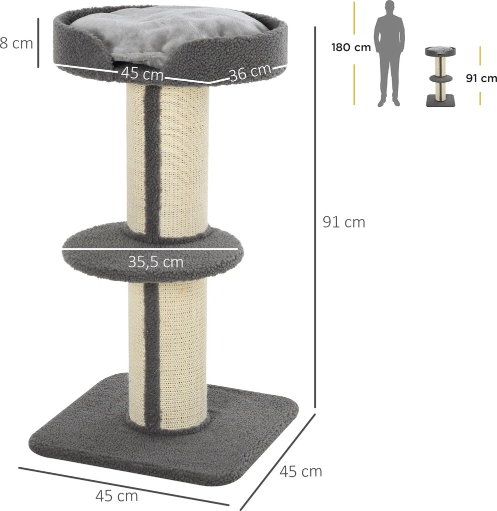 Drapak drzewko do zabawy dla kota pień sizalowy z platformą plusz szary | Aosom PL