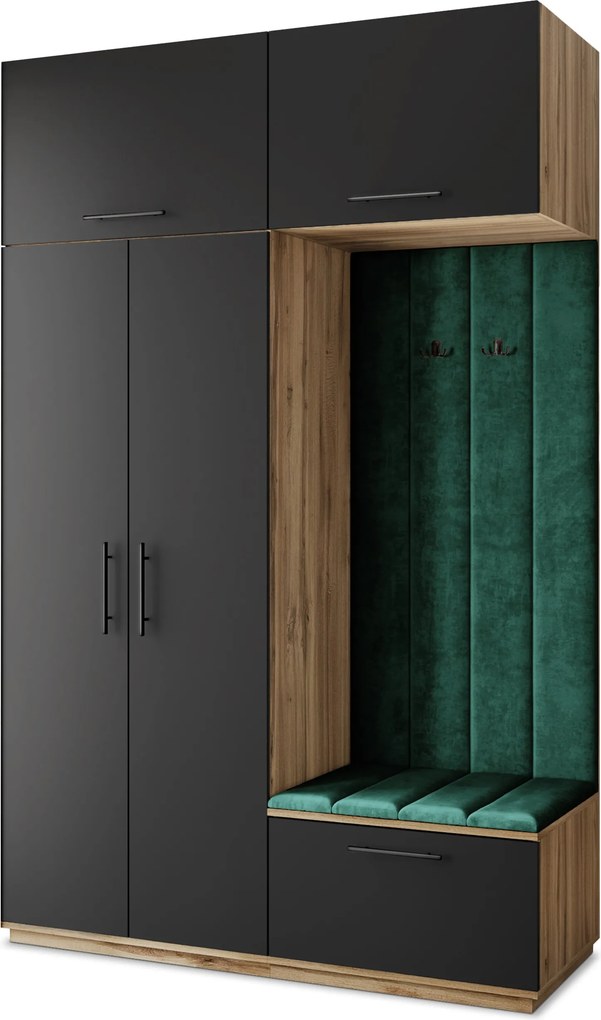 Masseno Garderoba REMA 150/240/60 cm Nowoczesna Szafa do Przedpokoju Dąb wotan, MONOLITH 37 (Butelkowa zieleń)