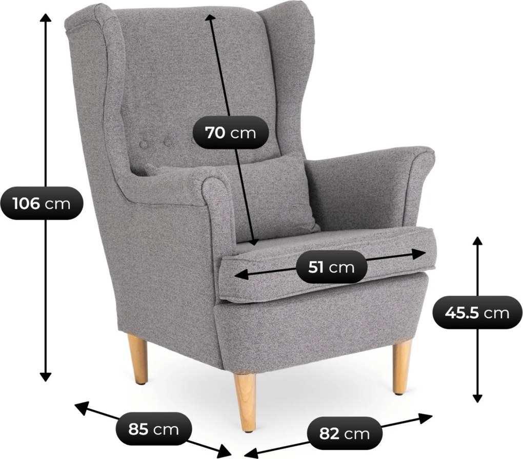 Fotel Wypoczynkowy Uszak EVAN 2 z Podnóżkiem Szary Tapicerowany Nowoczesny