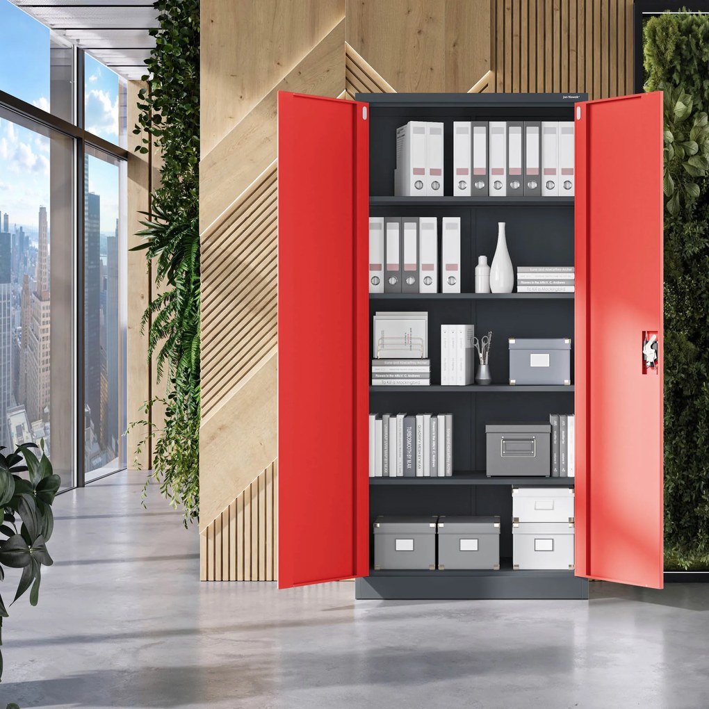 Szafa na dokumenty biurowa metalowa antracytowo-czerwona: JAN H, 900 x 1950 x 400 mm