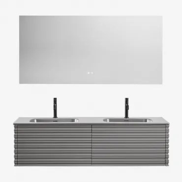 Zestaw Wiszących Mebli Łazienkowych 160x50 Cm Z Drewna Z Wbudowanymi Umywalkami Noura Prostokątny Led I Przeciwmgielny 160x75 Cm Riben & Nickel & 2 Sz