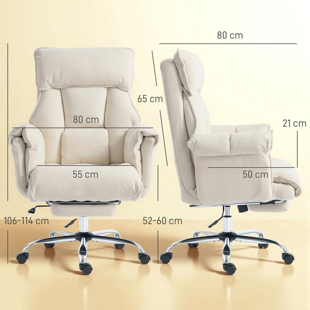 HOMCOM Fotel biurowy regulowany obrotowy z podparciem lędźwiowym, podnóżkiem, śnieżnym flanellem, 80 x 80 x 106-114 cm Cremeweiß | Aosom PL
