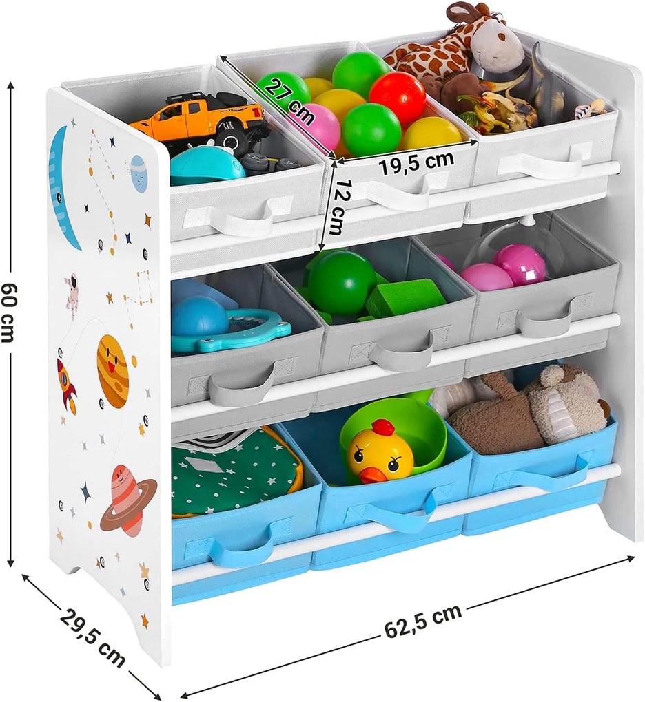 SongmicsHome Regał na zabawki WSZECHŚWIAT, 9 pudełek, 62,5x29,5x60cm, biała z naklejkami
