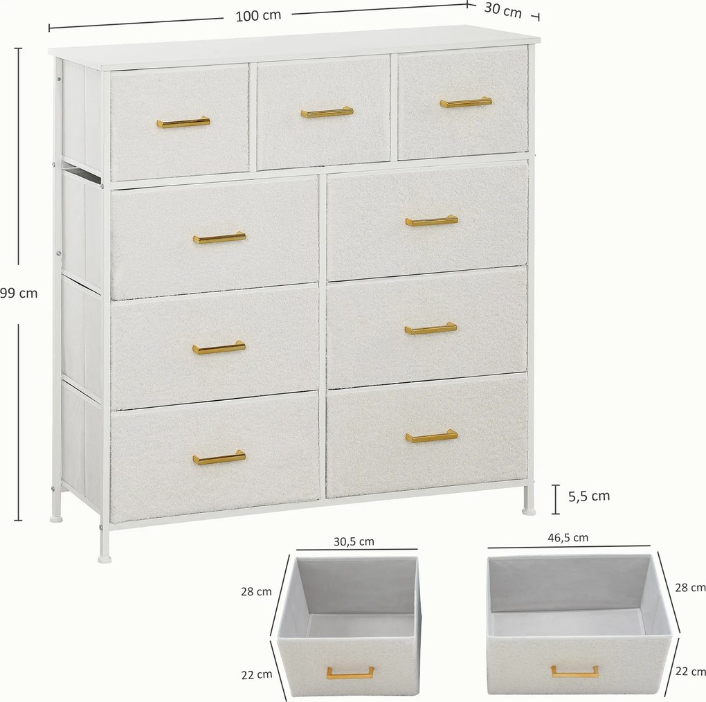 HOMCOM Komoda z Materiału, 9 Szuflad, Rama Stalowa, Elegancka, Wszechstronna, Biała