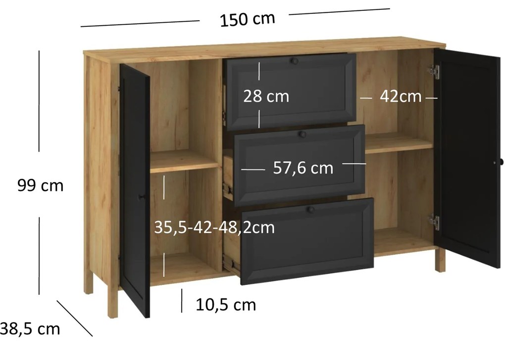 Komoda Dwudrzwiowa z Szufladami Drewniana do Salonu NORIA 150 cm Dąb craft złoty/czarny Loft