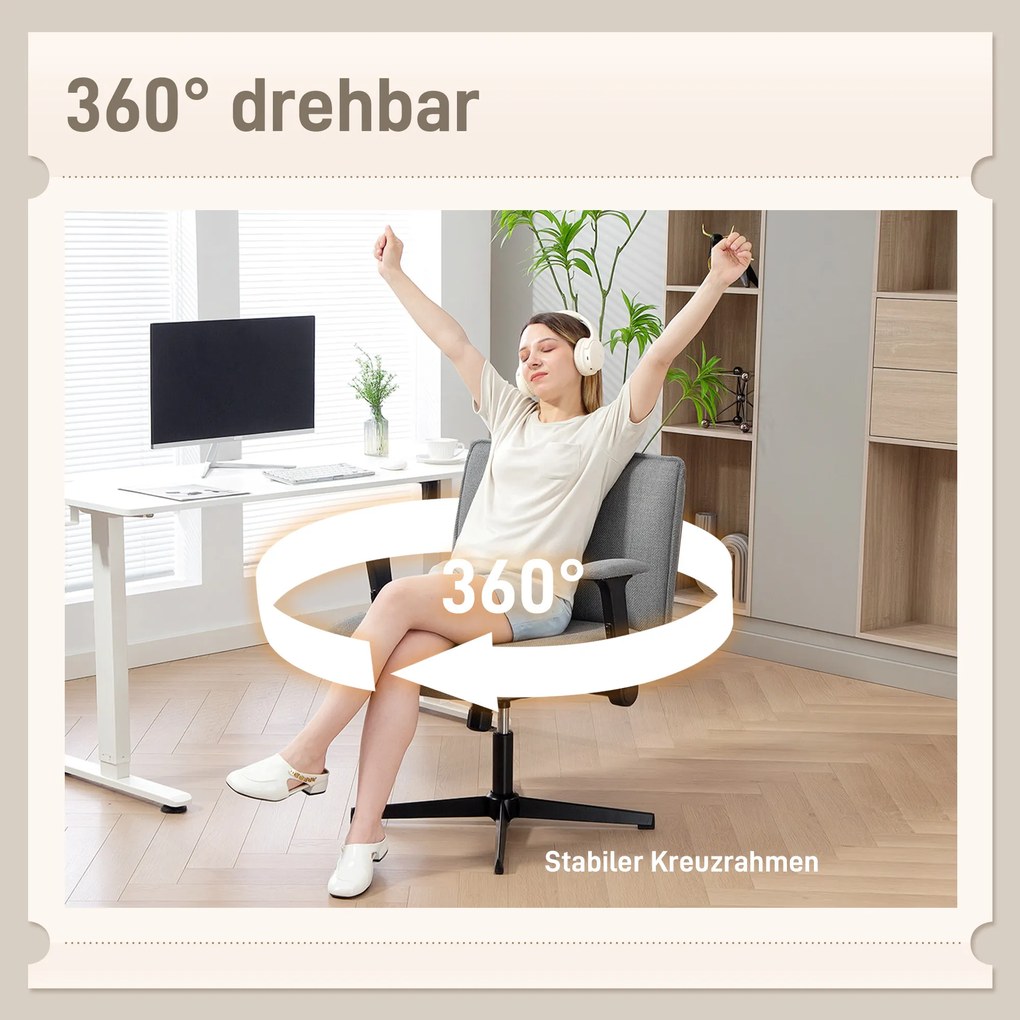 HOMCOM Krzesło biurowe z podnoszonymi podłokietnikami, szerokie krzesło biurowe w stylu lnianym, regulowane pod kątem wysokości, na bazie ze stali, szary