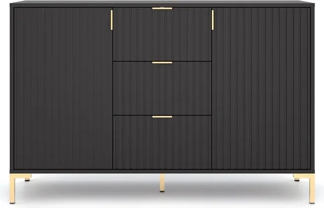 Komoda do Salonu Sypialni TORELLO 130 cm Czarna Ryflowana Dwudrzwiowa z Szufladami Nowoczesna