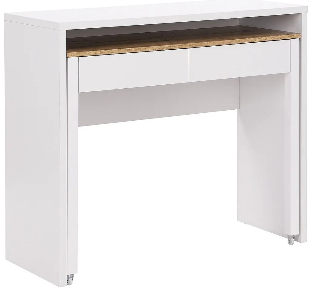 Biurko konsola wysuwane z 2 szufladami - Białe i naturalne - LOAVIA