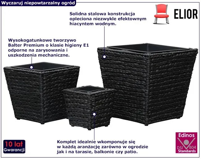 Komplet czarnych donic ogrodowych z hiacyntu wodnego - Heron