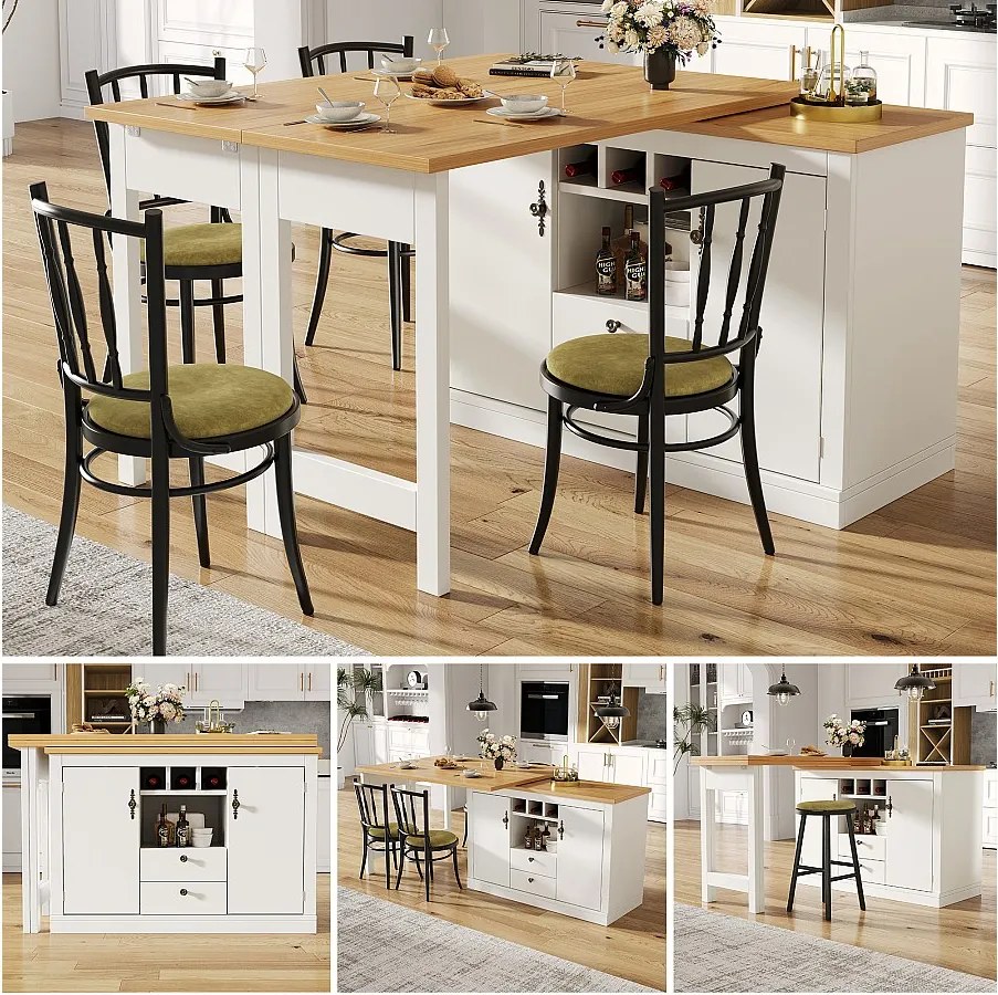 Rozkładany stół barowy - 120/180 x 76 cm - z diodami LED + 2 drzwi + 2 szuflady - obrotowy 360° - MDF - biały