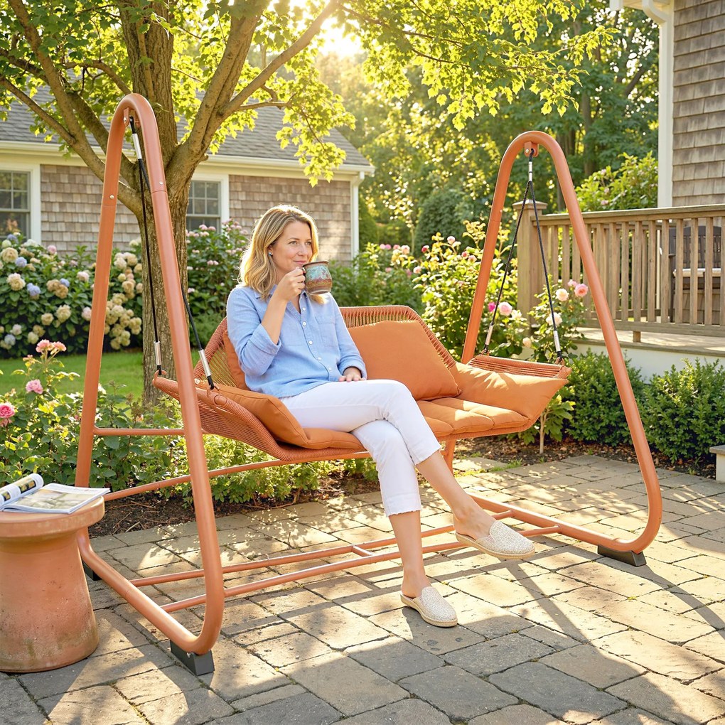 Outsunny Huśtawka ogrodowa, huśtawka z poduszkami, z ramą, do ogrodu, na balkon, 174 x 120 x 162 cm, metal, terakota | Aosom PL
