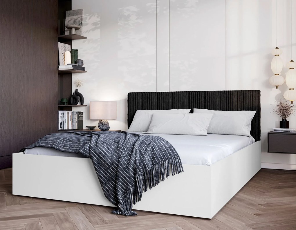 Białe łóżko z pojemnikiem i czarnym zagłówkiem 120x200 D0-H85