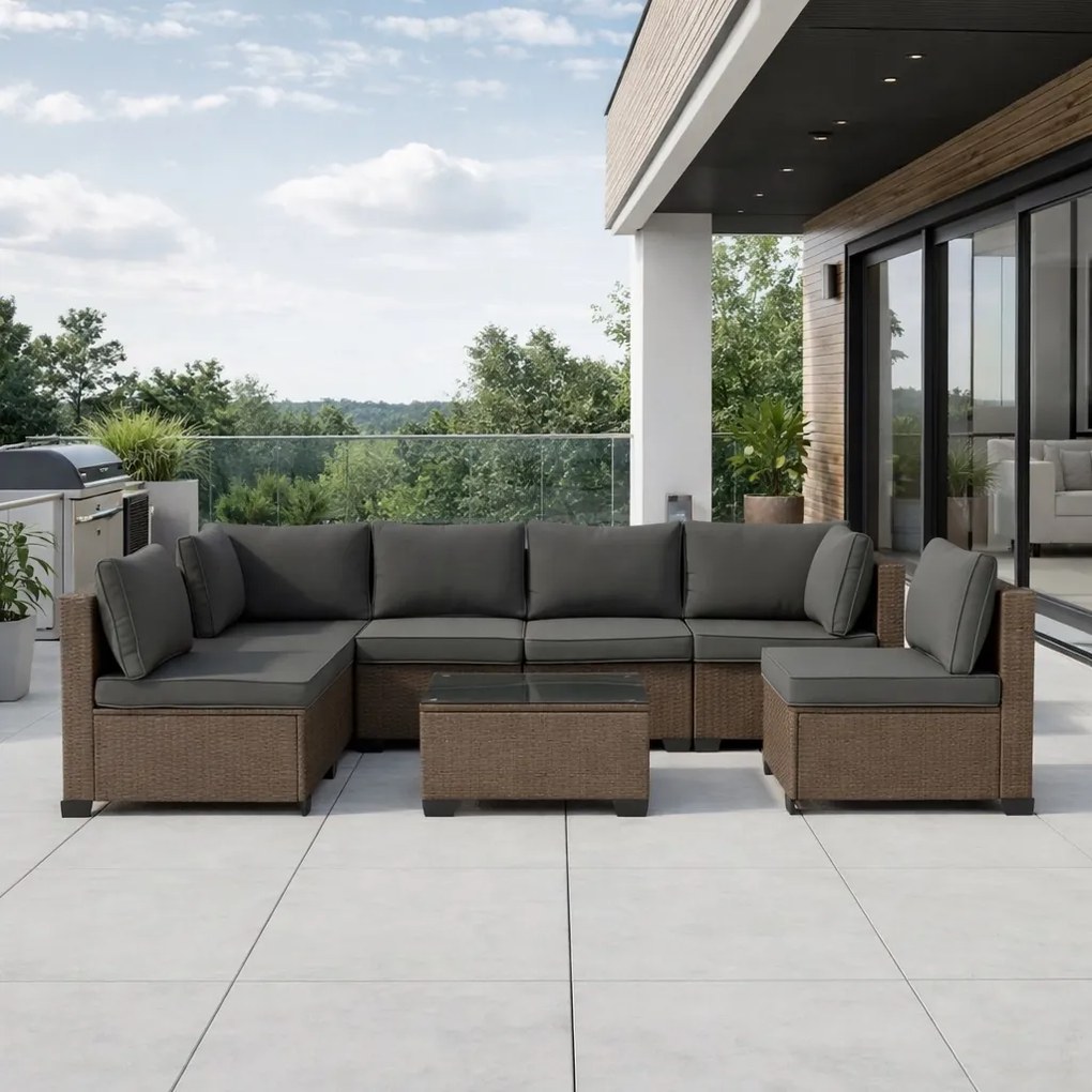 Modułowy narożnik ogrodowy Caldoro XL2501 technorattan, jasny brąz, poduszki szare