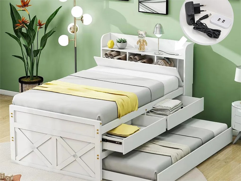 Łóżko wysuwane z 2 szufladami - 90 x 190 cm - półki do przechowywania i port USB - lite drewno - białe