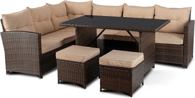 Zestaw Mebli Ogrodowych DALLAS Brązowy/Beżowy Narożnik Pufy Stolik Tarasowy Technorattan Nowoczesny