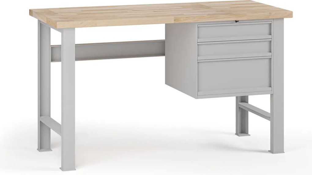 Stół warsztatowy G7, blat bukowy, 1500 x 685 x 840 mm, 1x kontener, 3x szuflada, szary