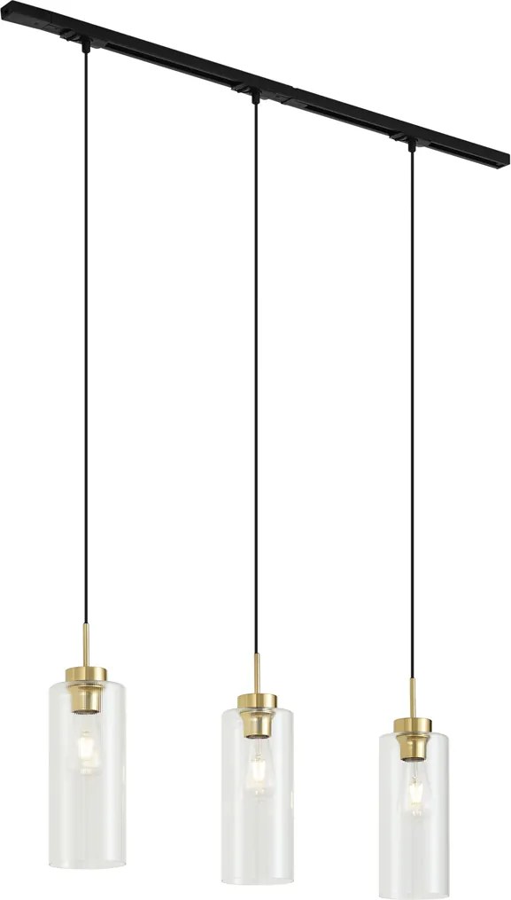 Nowoczesny system szynowy czarny z 3 lampami wiszącymi złoty z przezroczystym szkłem 1-fazowy - Iconic Laura