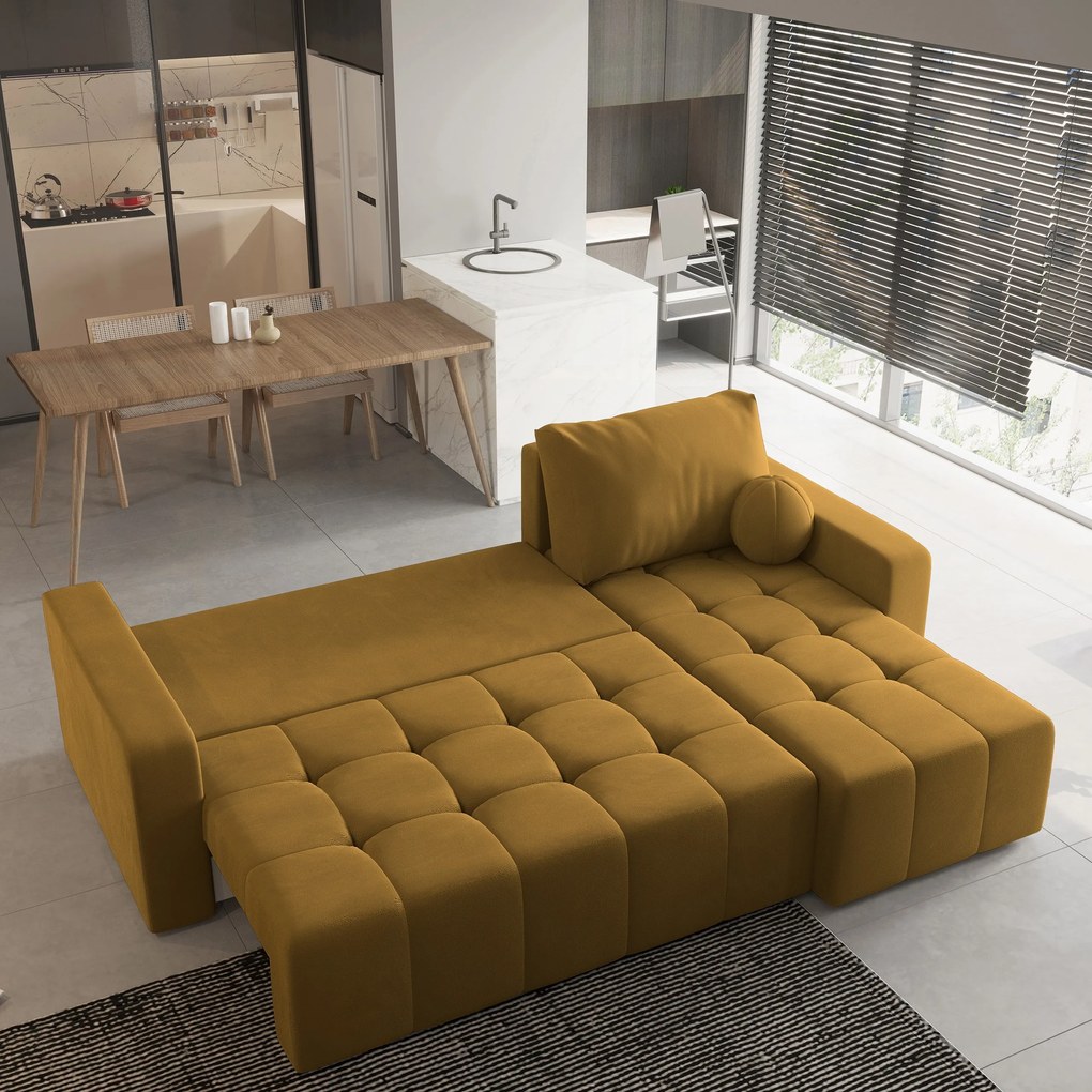Masseno Narożnik VOLIRA z funkcją spania i pojemnikiem na pościel Narozniki L, Rozkładana sofa - Żółty, KRONOS 01