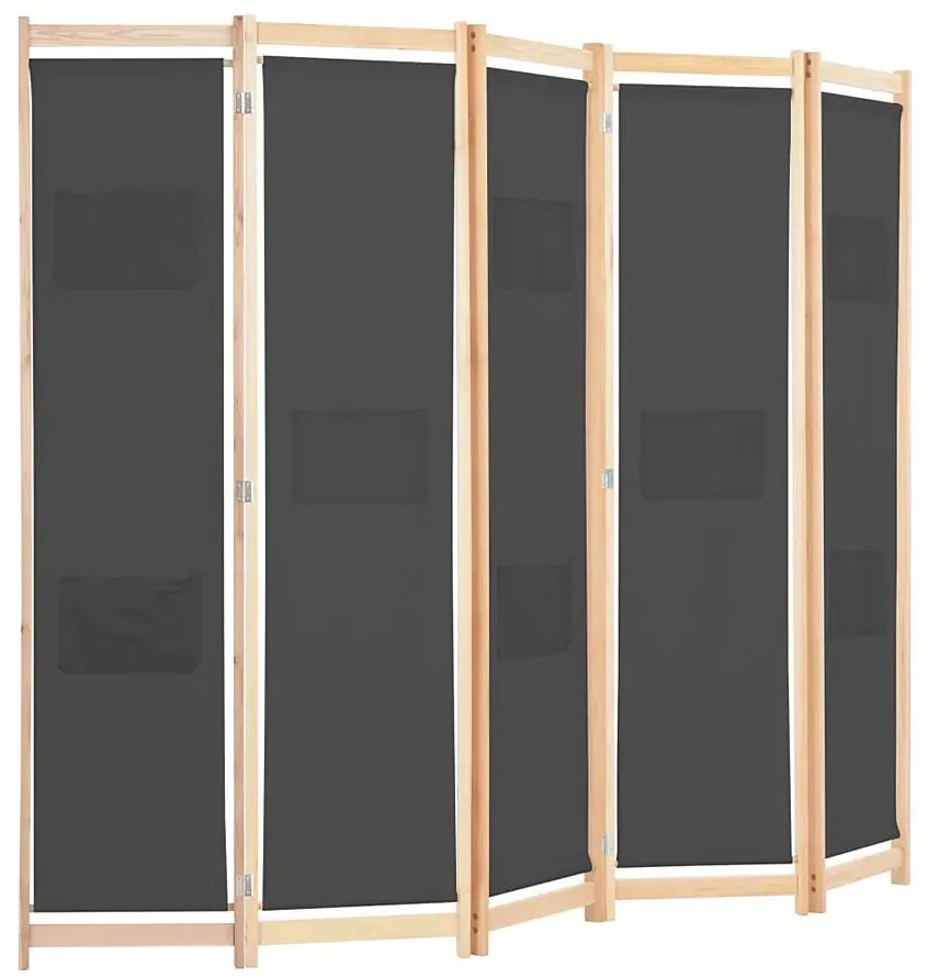 Szary 5 panelowy parawan z drewnianą ramą R8-B57