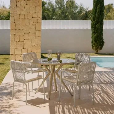 Zestaw Okrągłego Stołu Ø125 Cm Valerie I 4 Krzeseł Ogrodowych Z Podłokietnikami Z Aluminium Alberta Moka Brown & Jasnoszara Lina - Sklum