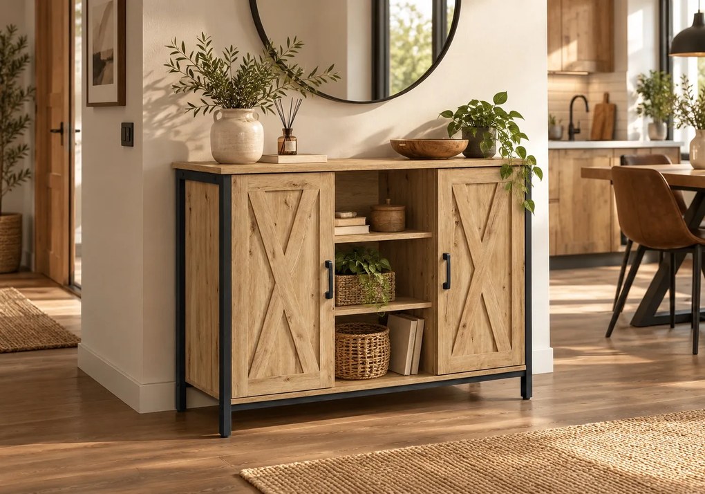 Komoda loftowa dwudrzwiowa z półkami 100 cm Faro 015, dąb Artisan