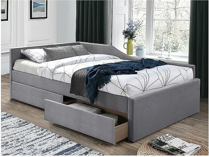 Łóżko tapicerowane ELIOT VELVET 120x200 szare z szufladami
