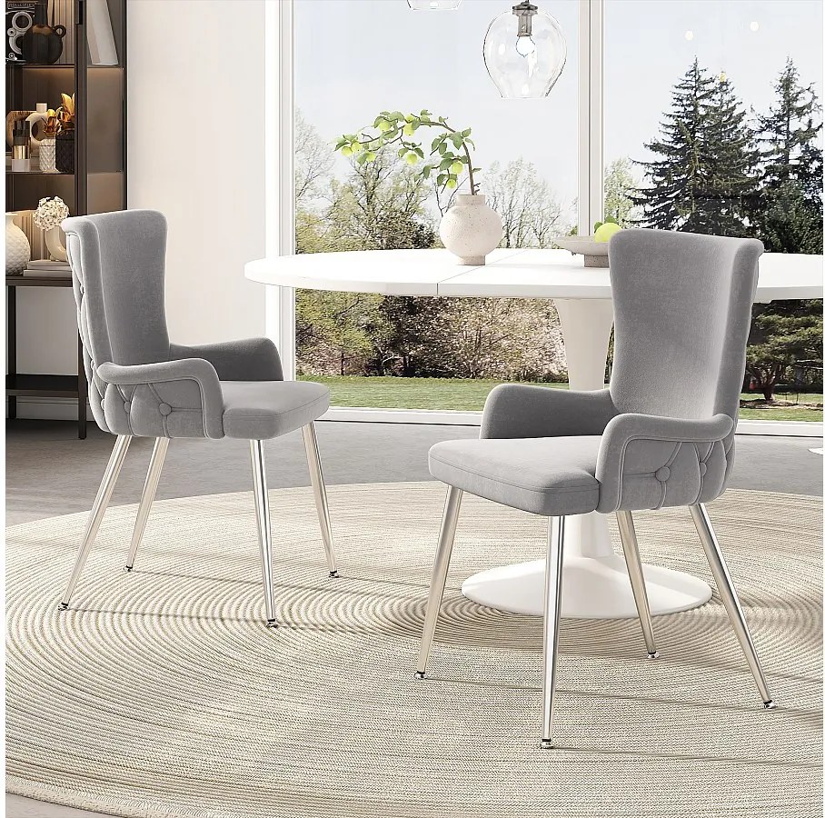 Zestaw 2 luksusowych krzeseł welurowych - 85 x 47 x 49 cm - z czterema srebrnymi metalowymi nogami - szary