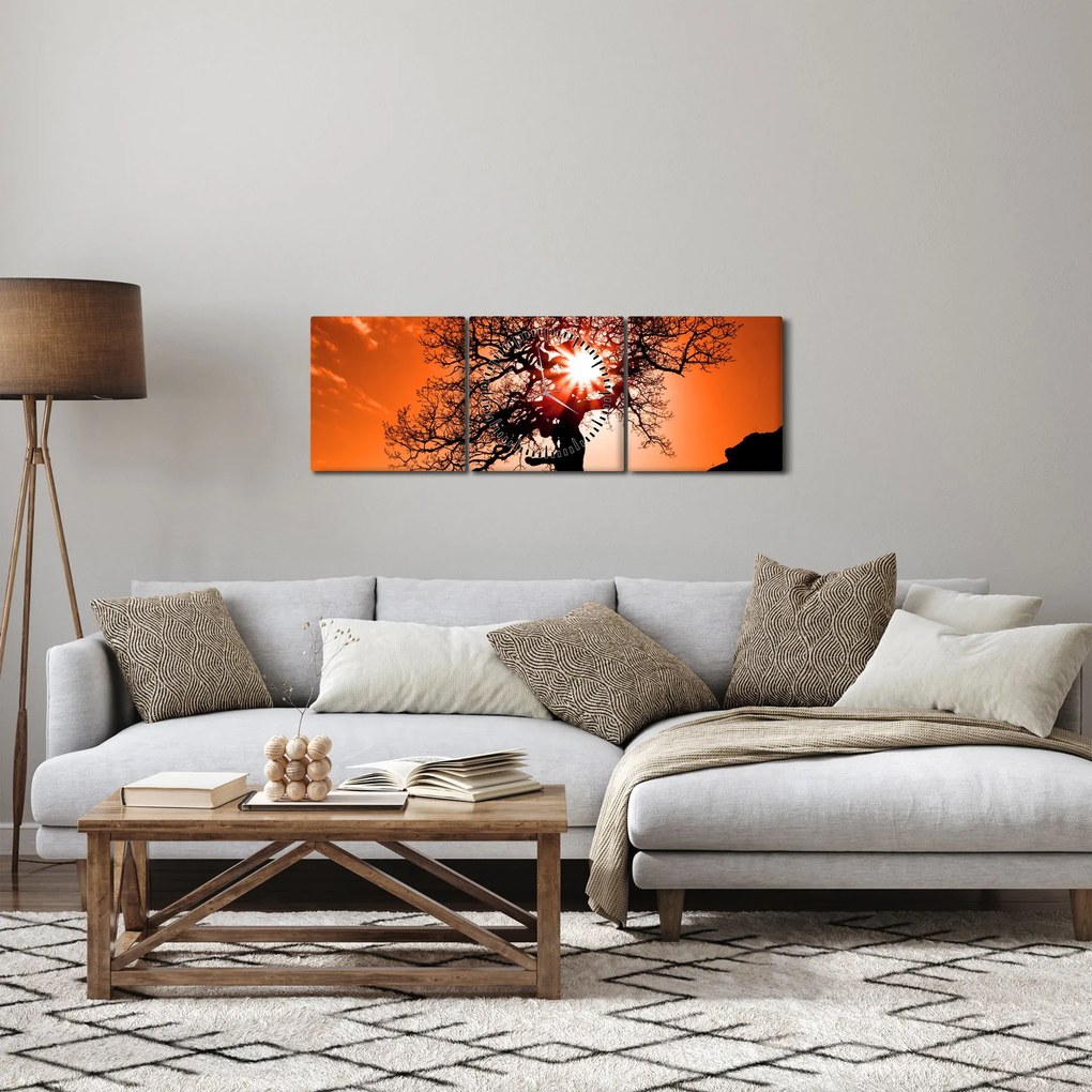 Obraz - Dąb o zachodzie słońca (z zegarem) (90x30 cm)