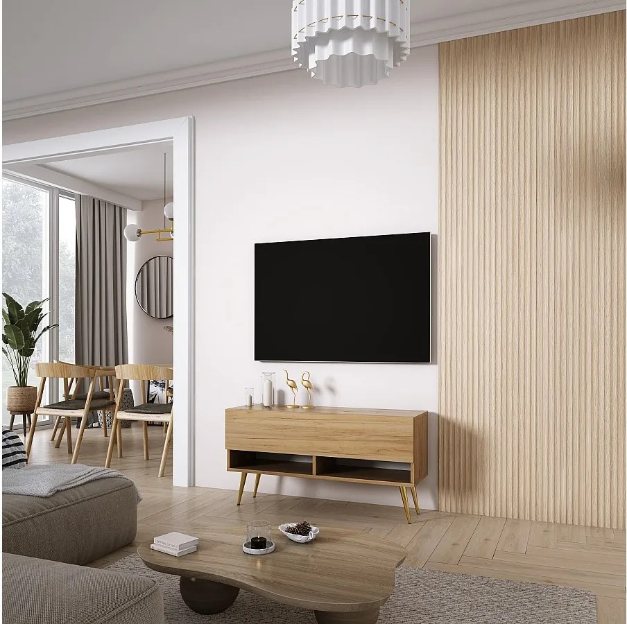 Szafka pod telewizor 100 cm Dąb Craft, nóżki pochyłe złote, 100 × 32 × 52 cm