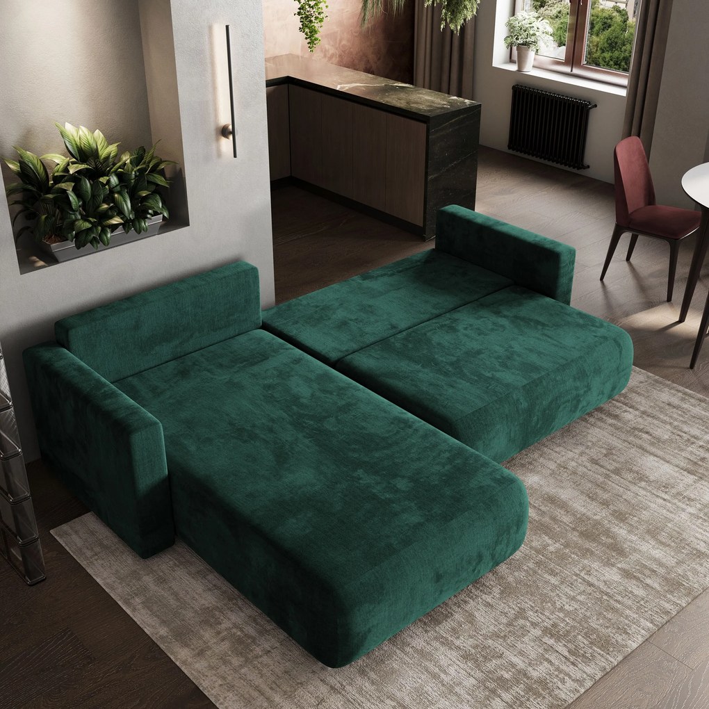 Masseno Narożnik TURIN z funkcją spania i pojemnikiem na pościel Narozniki L, Rozkładana sofa - Butelkowa zieleń, MONOLITH 37