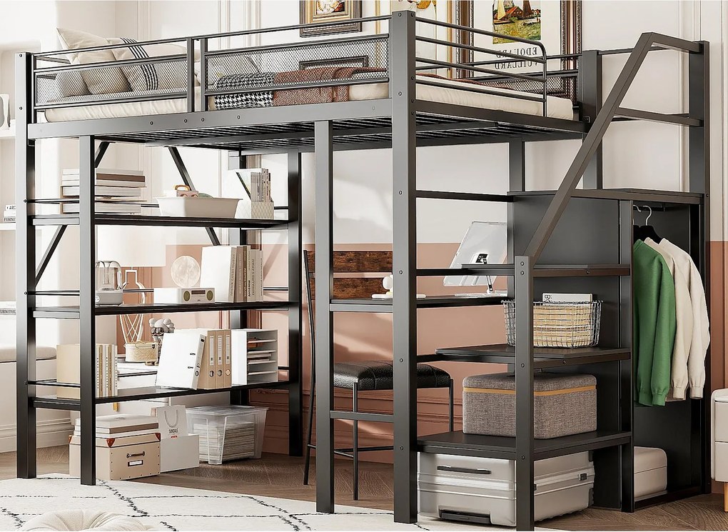 Łóżko mezzanine 140x200cm z metalu - z biurkiem i schowkami - Czarny