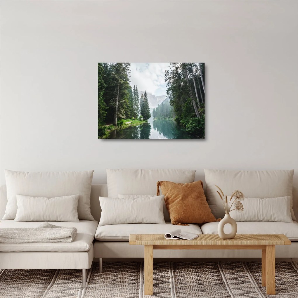 Obraz na szkle leśnego jeziora (70x50 cm)