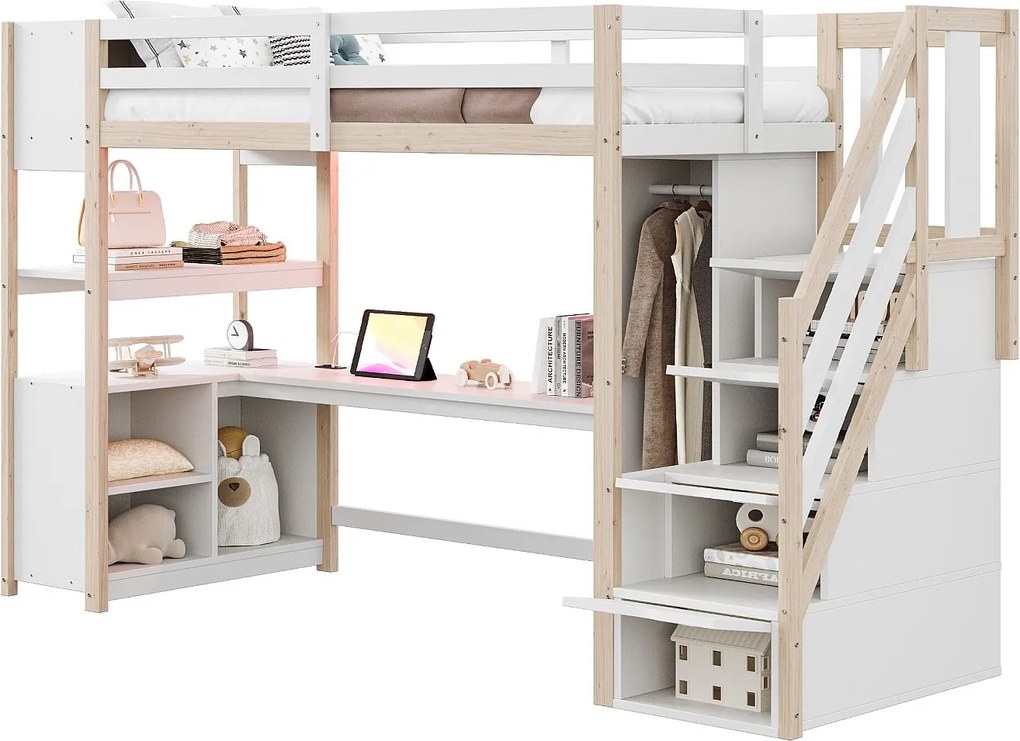 Łóżko na antresoli 90×200 cm - z szafą i biurkiem - drabina z miejscem do przechowywania - z gniazdkami i oświetleniem LED - biały