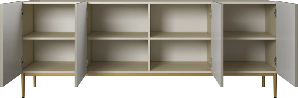 Komoda Nicole 200 cm czterodrzwiowa z ryflowanym frontem - kaszmir / złote nóżki