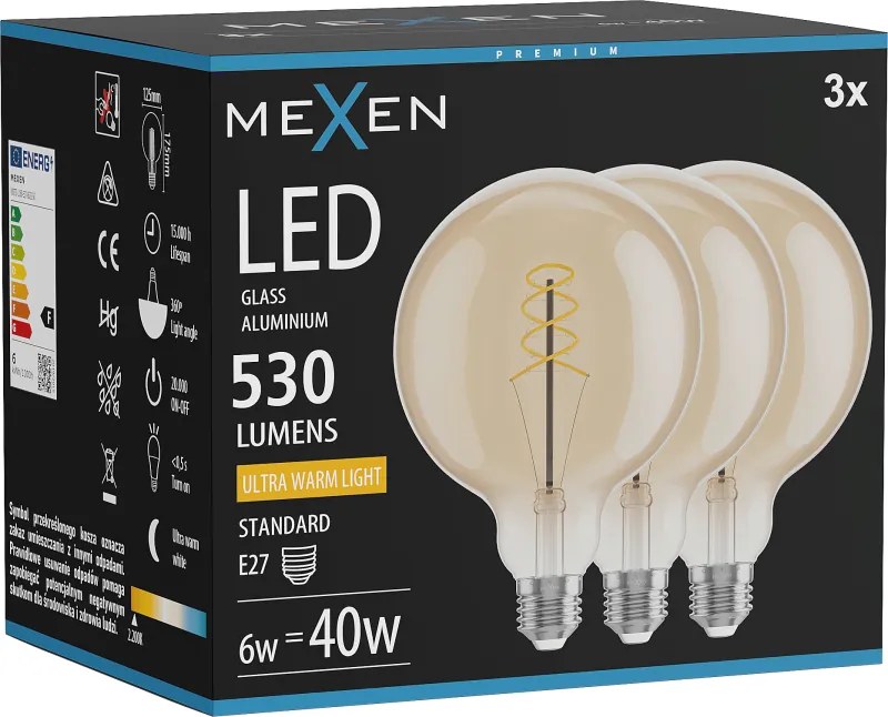 Mexen Vintis 3x żarówka filament spirala LED E27, G125, 6W, Ciepła - 2200K, 530 lm, amber - L168-E27-0622-50x03