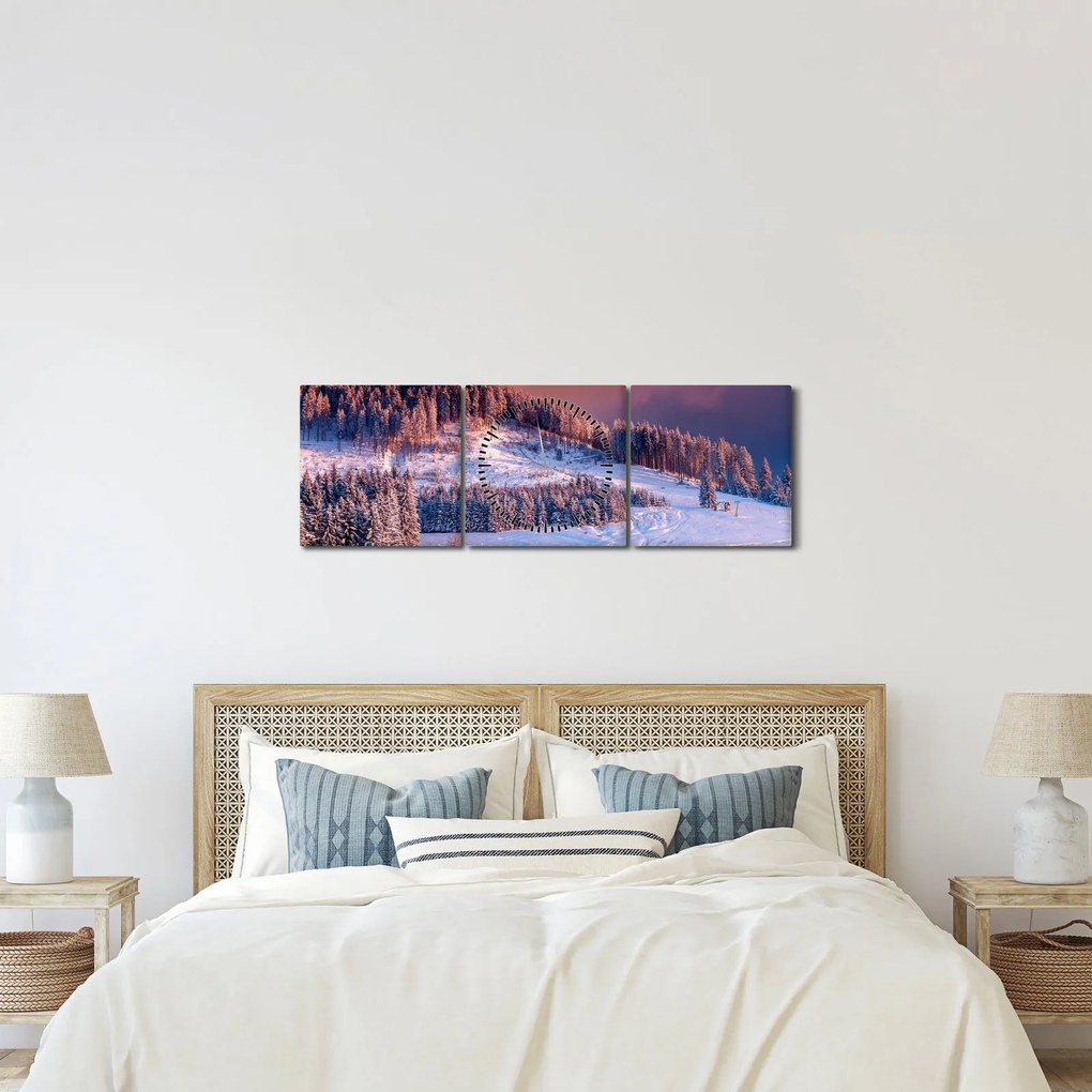 Obraz zimowego krajobrazu (z zegarem) (90x30 cm)