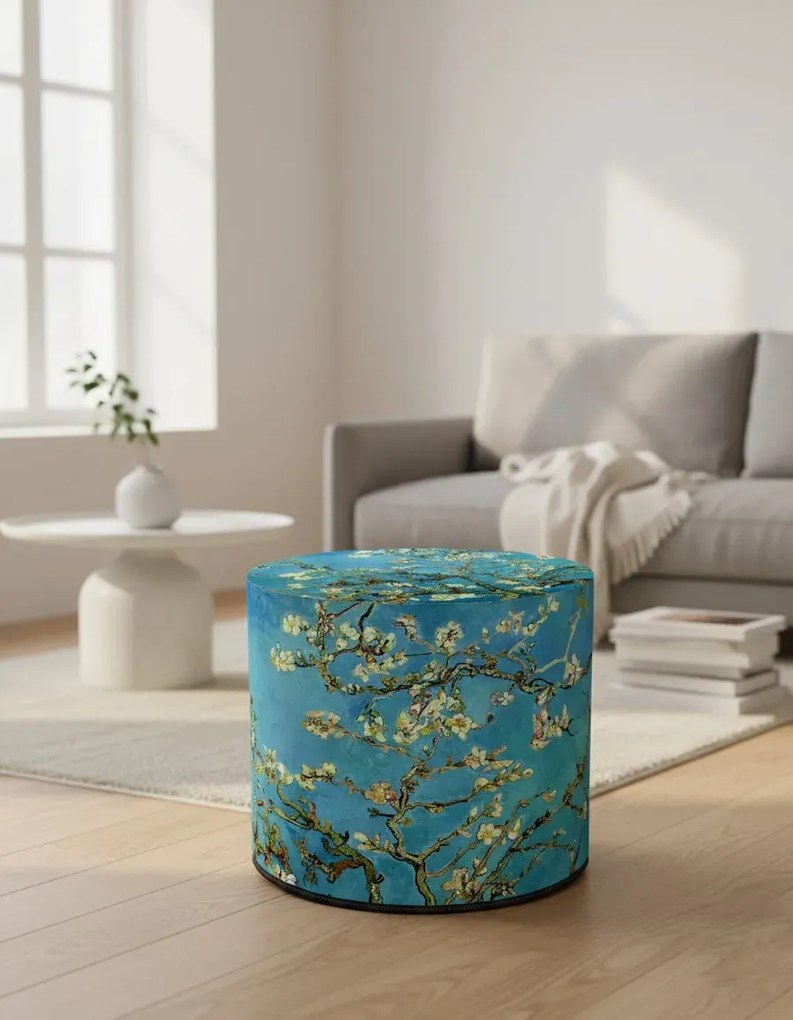 Okrągła tapicerowana niebieska pufa z drzewkiem H0-A50