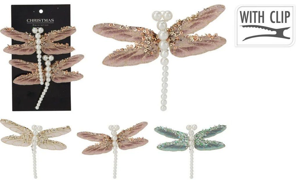 Zestaw ozdób świątecznych Ważka, zielony, 13x9x1,5 cm, z klipsem, zestaw 2 szt.