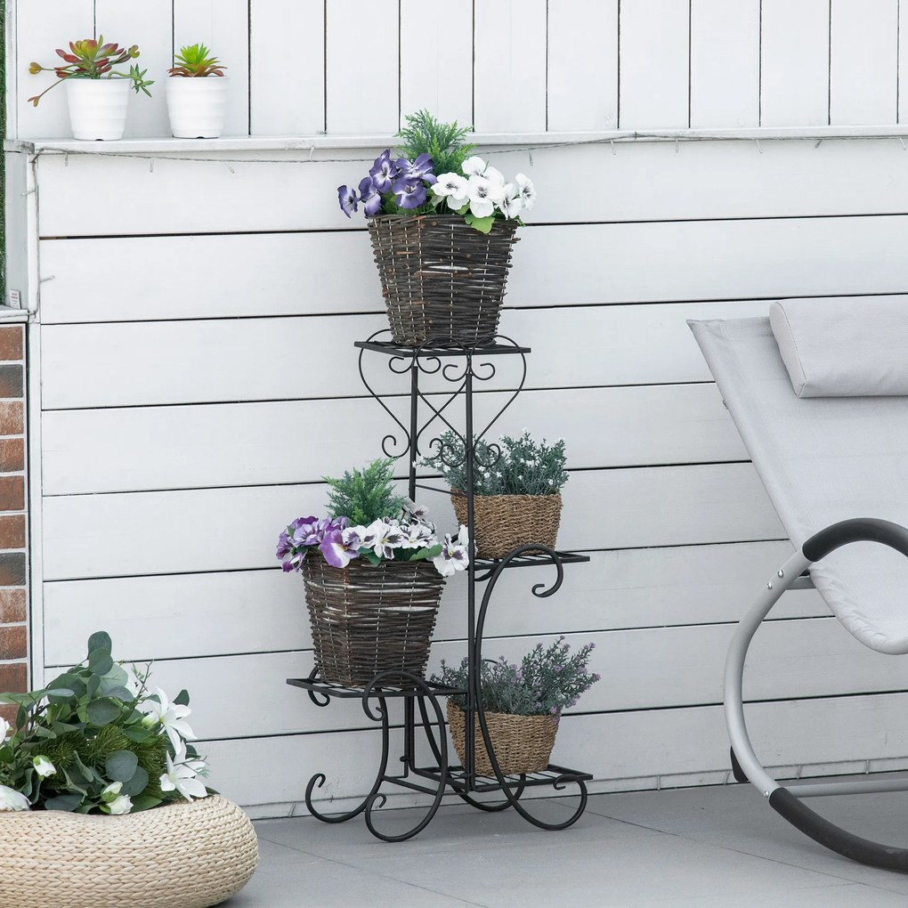 Outsunny Metalowy regał na kwiaty 4 poziomy do wnętrz i ogrodu Stabilny kwietnik na balkon Czarny 45x245x80cm | Aosom PL
