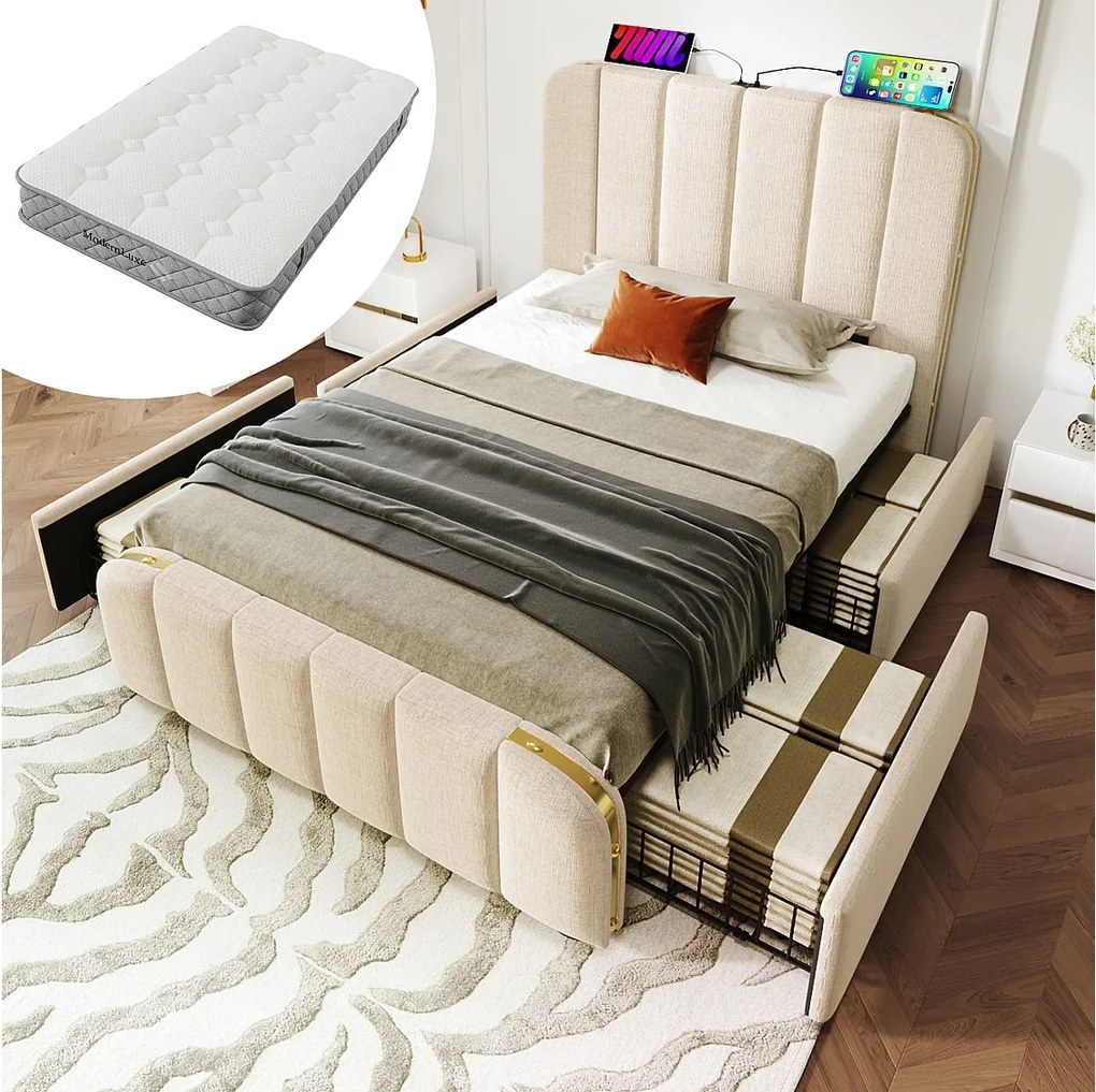 Łóżko tapicerowane z pojemnikiem - 90 x 200 cm - tapicerowany zagłówek z USB typu C - z 4 szufladami - len - beżowy - (z materacem)