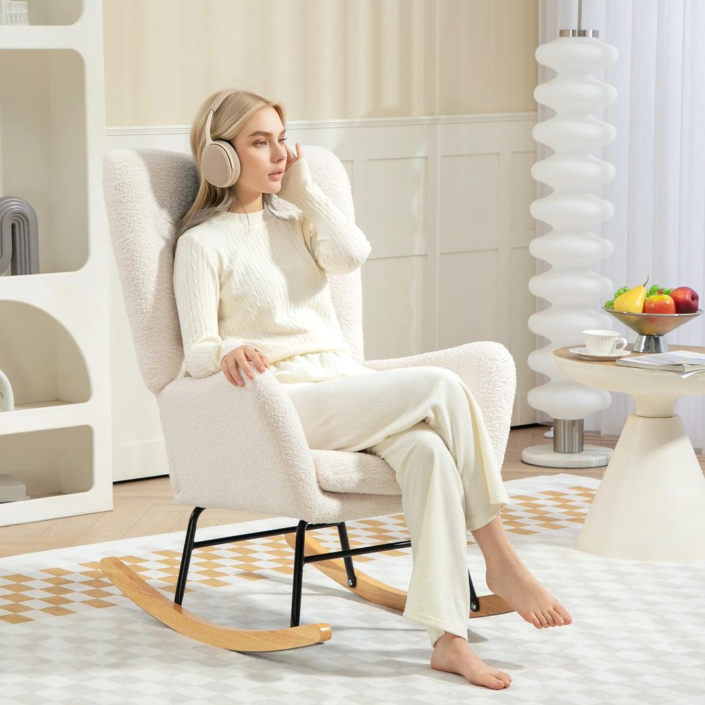 HOMCOM Fotel bujany z poduszką lędźwiową gruba wyściółka antypoślizgowy kremowy komfortowy | Aosom PL