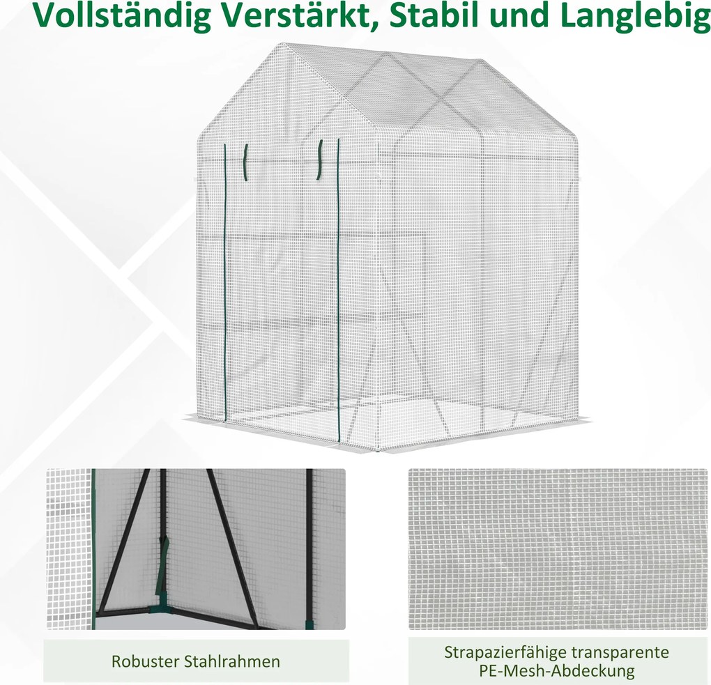 Outsunny Szklarnia Foliowa Inspektowa z Drzwiami na Zamek Błyskawiczny Stal i Tworzywo Sztuczne PE 143x143x195cm Biały | Aosom PL