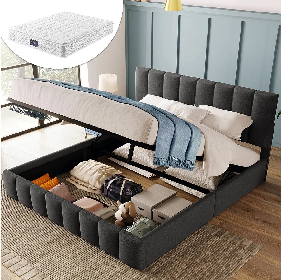 Łóżko tapicerowane dwuosobowe z pojemnikiem na pościel - 140 x 200 cm - z regulowanym zagłówkiem + metalowy stelaż - len - szary (z materacem)