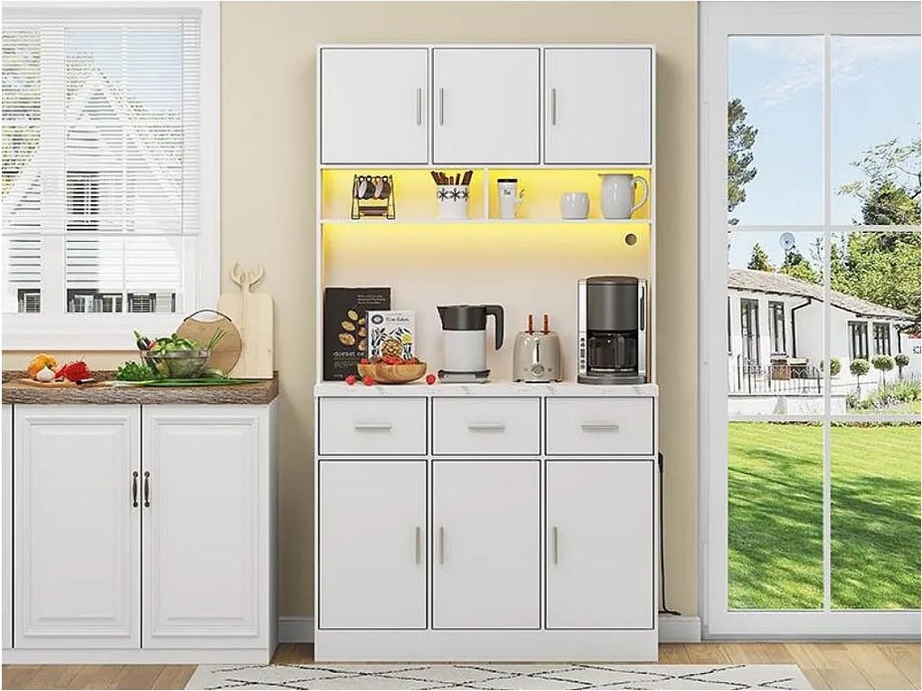 Kredens kuchenny z oświetleniem LED - 6 drzwi, 3 szuflady i 3 otwarte przegródki - Biały