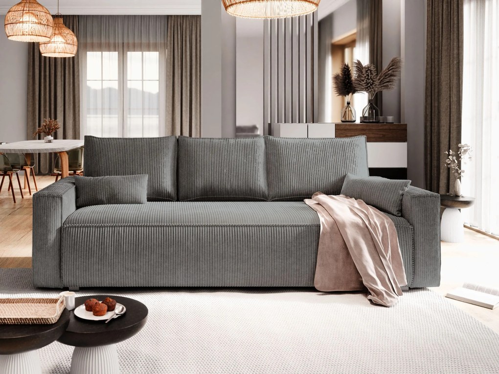 Masseno Sofa MENI z funkcją spania i pojemnikiem na pościel, Rozkładana sofa - Szary, POSO 60