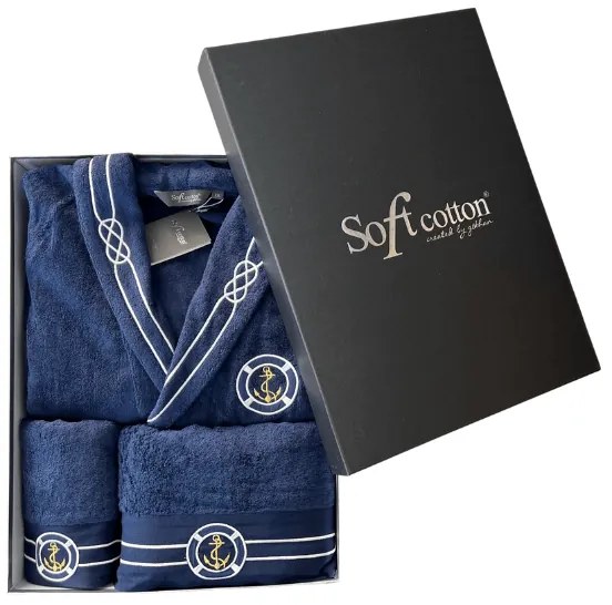 Męski szlafrok MARINE MAN w ozdobnym opakowaniu + ręcznik + ręcznik kąpielowy XXL + ręczniki + pudełko Biały